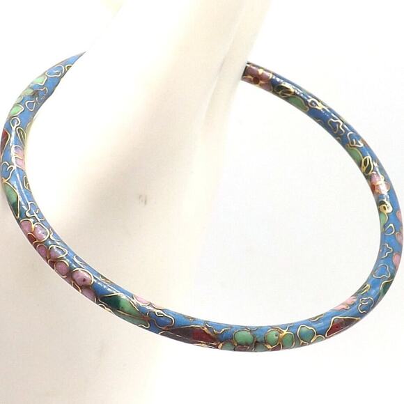 Vintage Cloisonne Floral Bangle Bracelet, Blue Pink Enamel, 7 3/4 Inch, 1960s - Picture 3 of 6